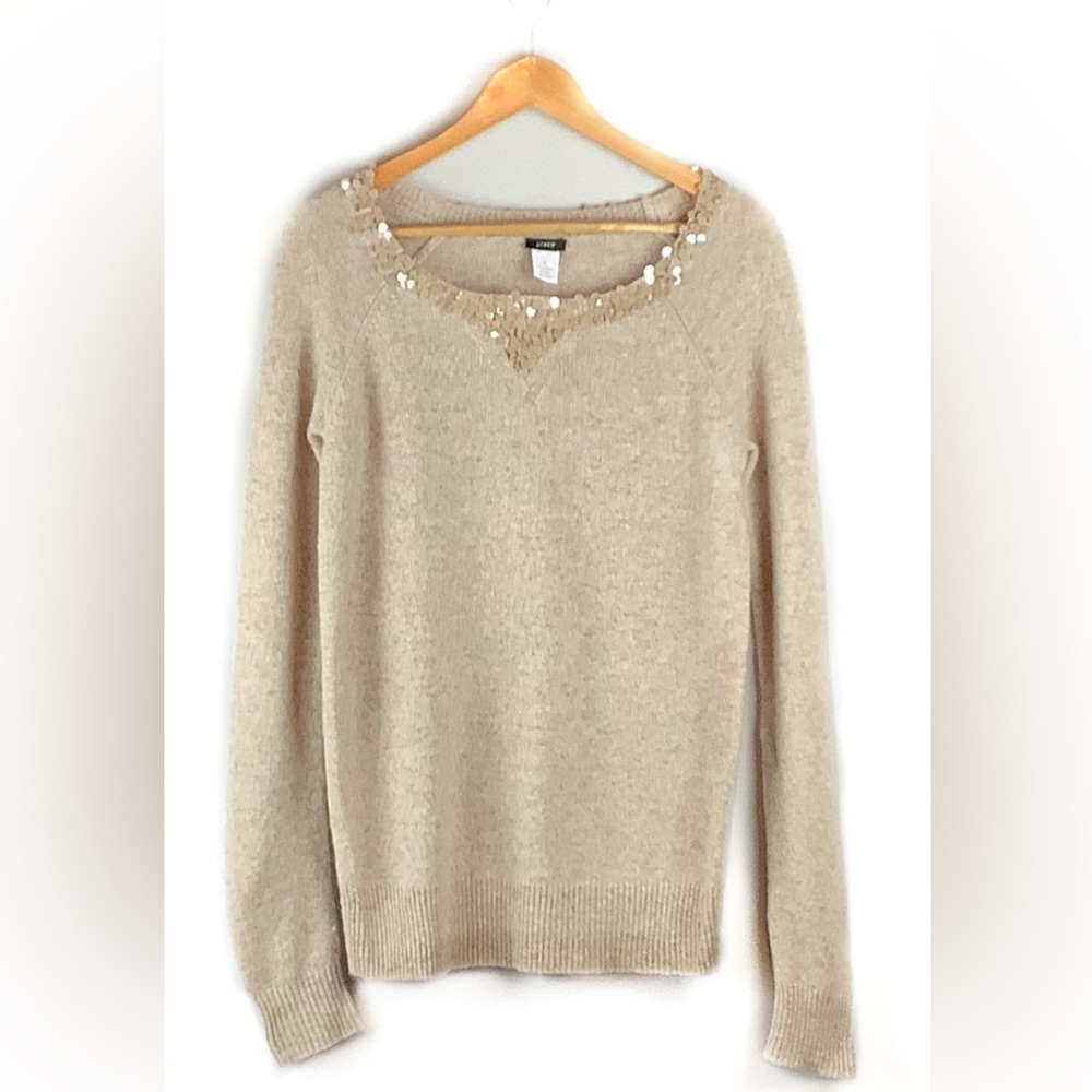 J. Crew Beige Lambswool Sequined Boyfriend Sweater Size Medium